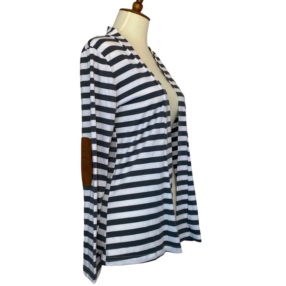 Gray & White Striped Cardigan with Elbow Patches - Picture 9 of 15